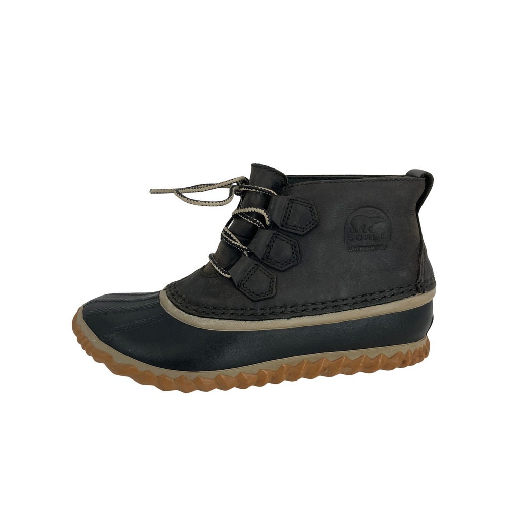 Sorel Out N About Rain Boots Womens 6.5 Black Dark Fog Waterproof Leather